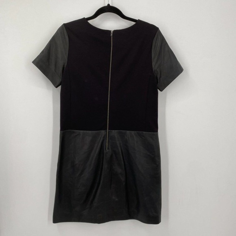 Halogen Black Leather Ponte Knit Shift Dress Size S Exposed Zipper Short Sleeve - Picture 5 of 11